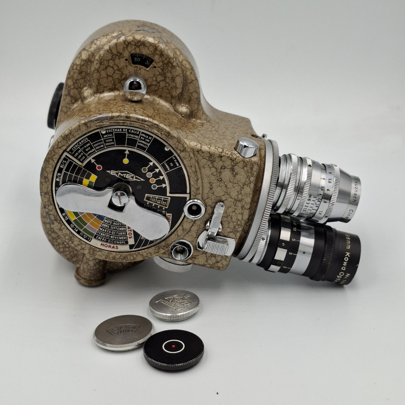 Cámara de cine Emel con objetivos Berthiot, Schneider y Kowa